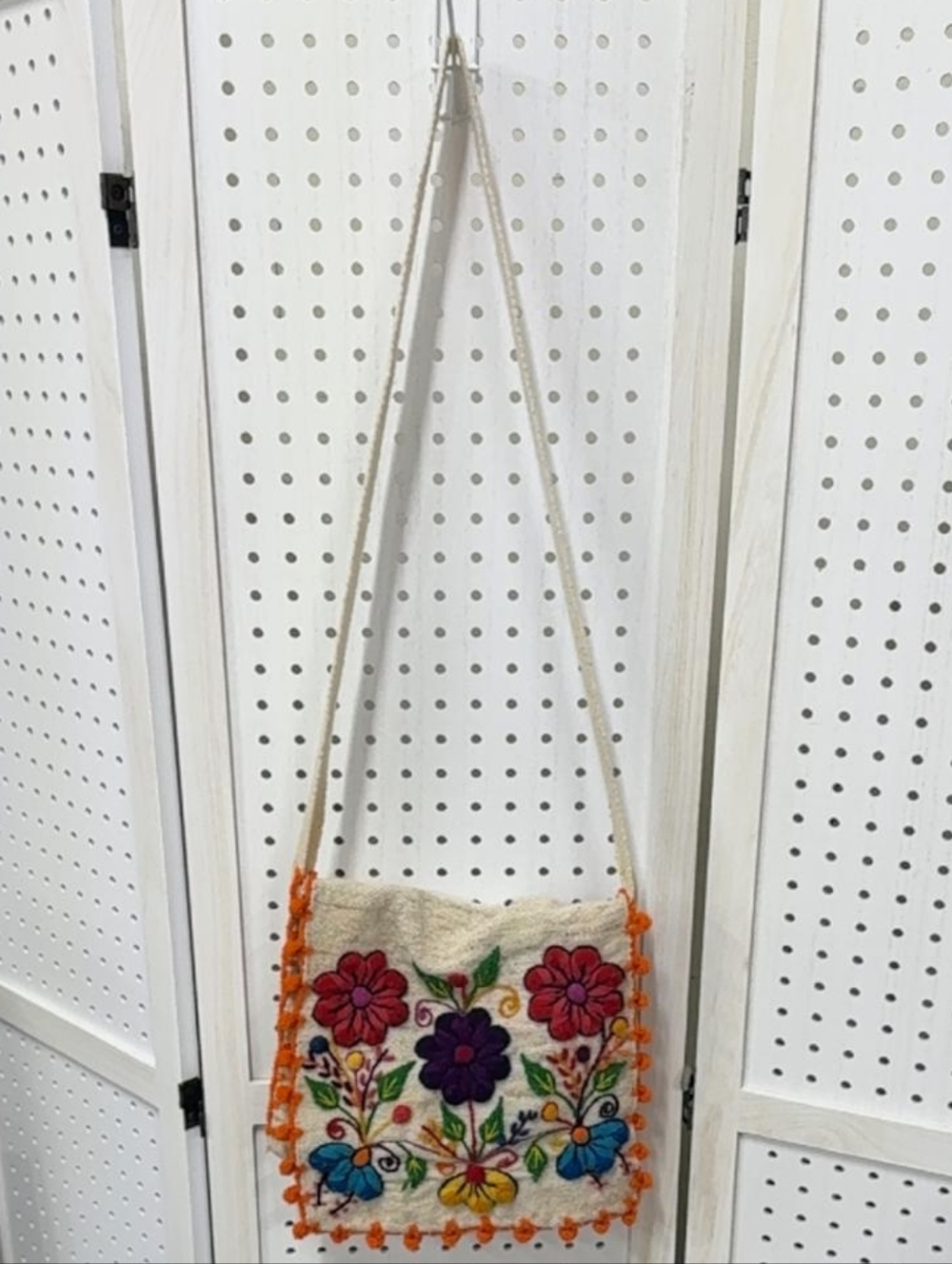 Cream Embroidered Bring Floral Crossbody Bag with Orange Trim